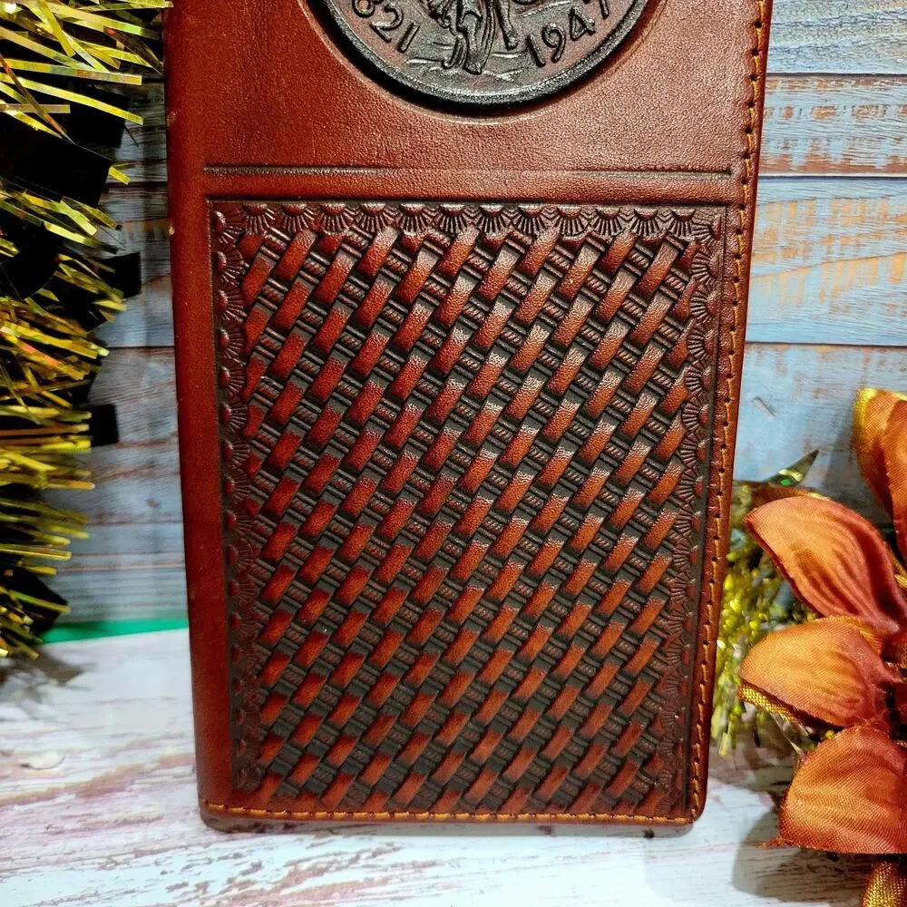 Centenario Western Wallet Basketweave Handtooled Real Leather Bifold Long Brown